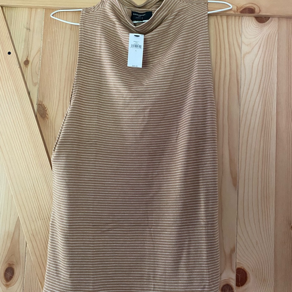 Banana Republic Camel and White Striped Mock Neck Tank